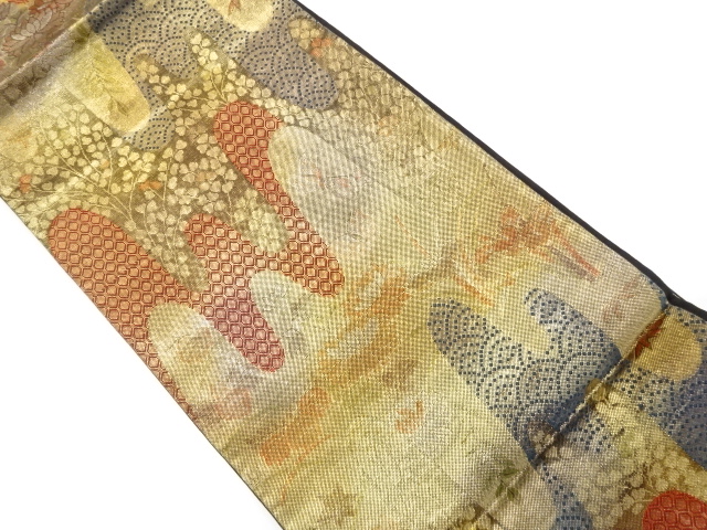 壷垂れに蝶・草花模様織り出し袋帯